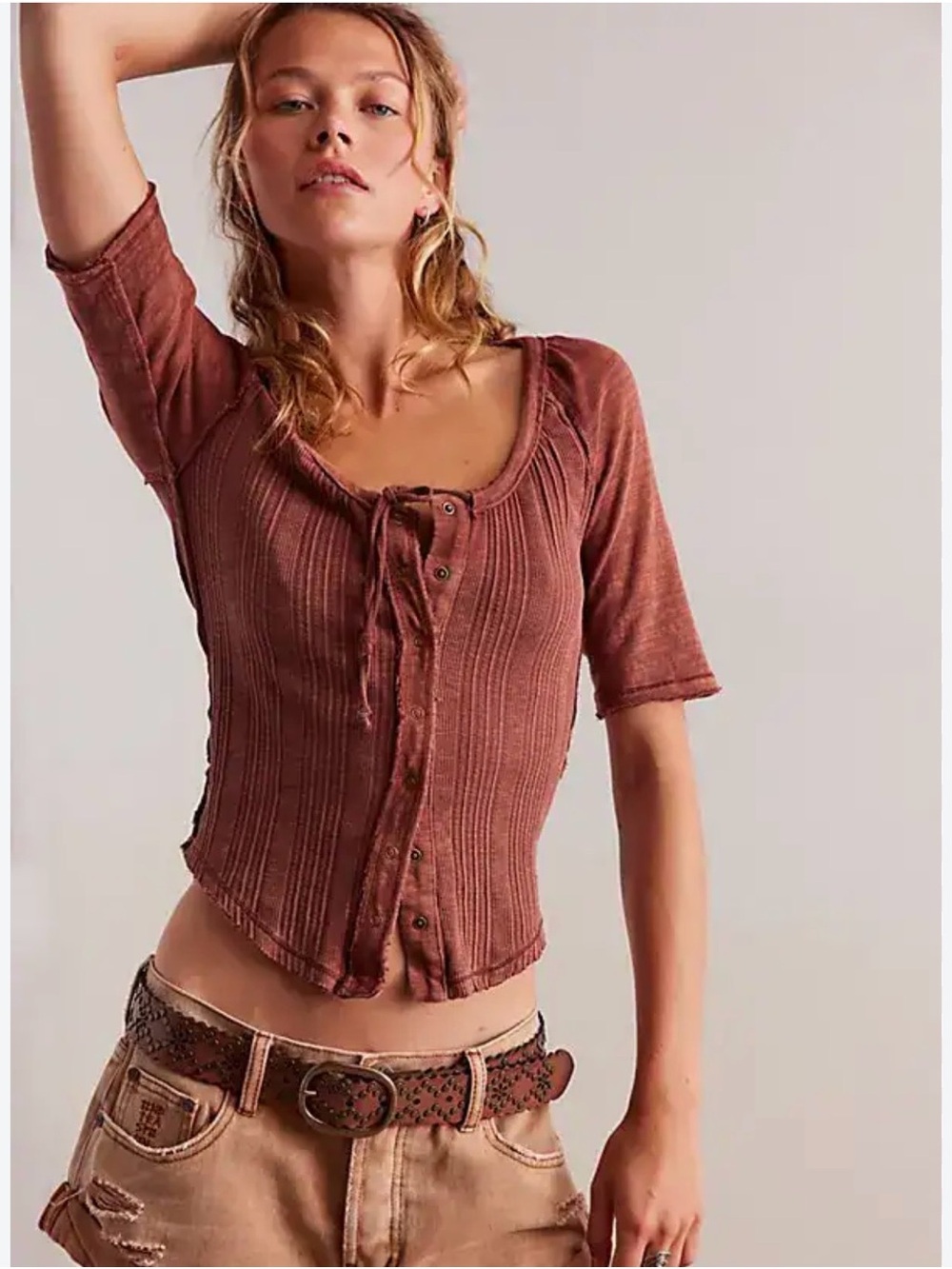 We The Free Daisy Rust Ribbed Button-Front Scoop Top